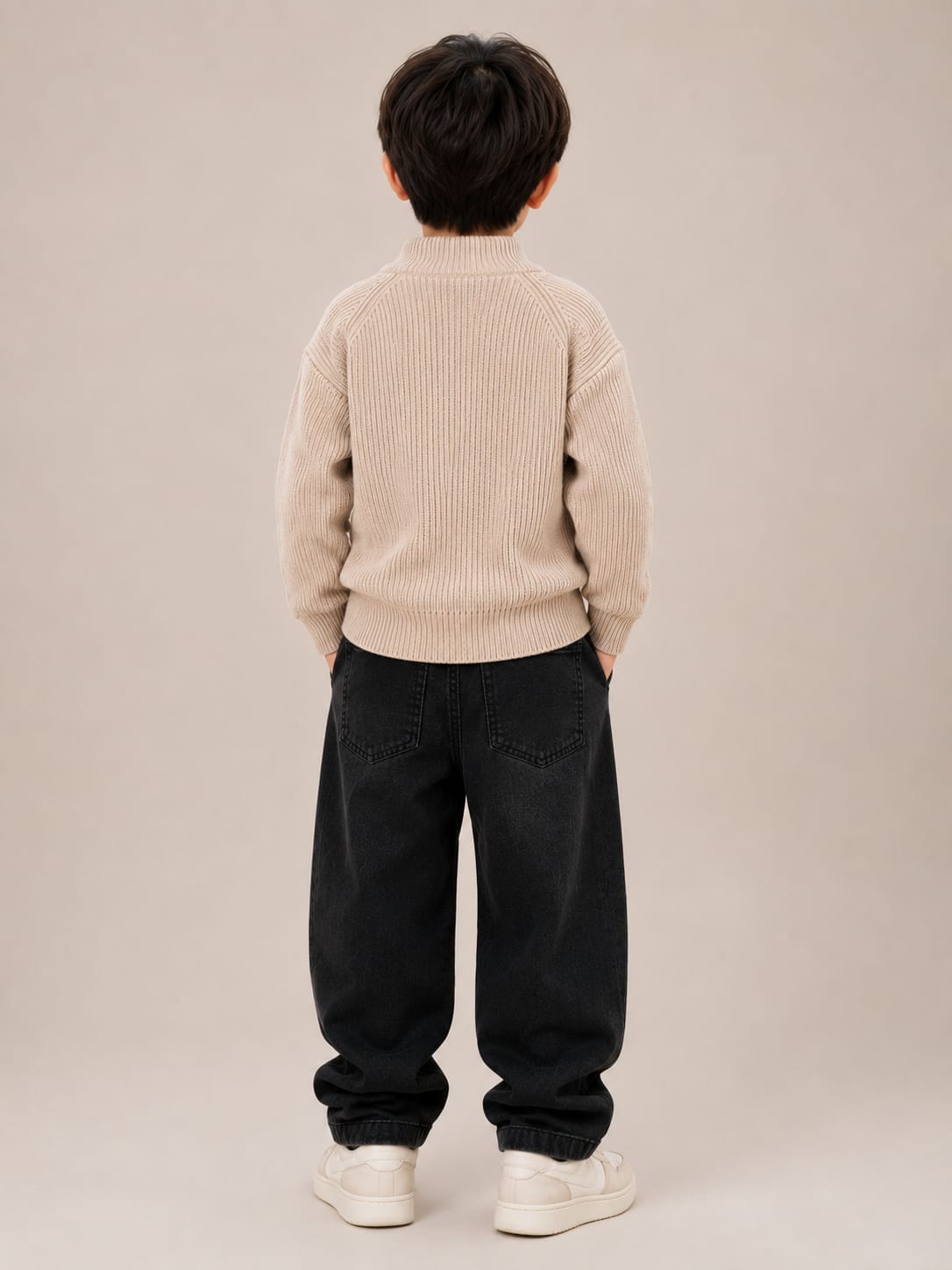Boys' Beige Ribbed Knit Buttoned High-Neck Sweater.