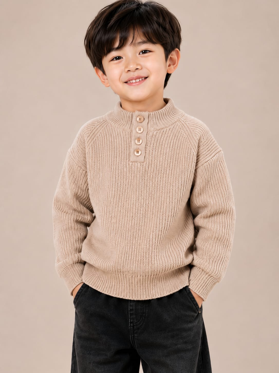 Boys' Beige Ribbed Knit Buttoned High-Neck Sweater.