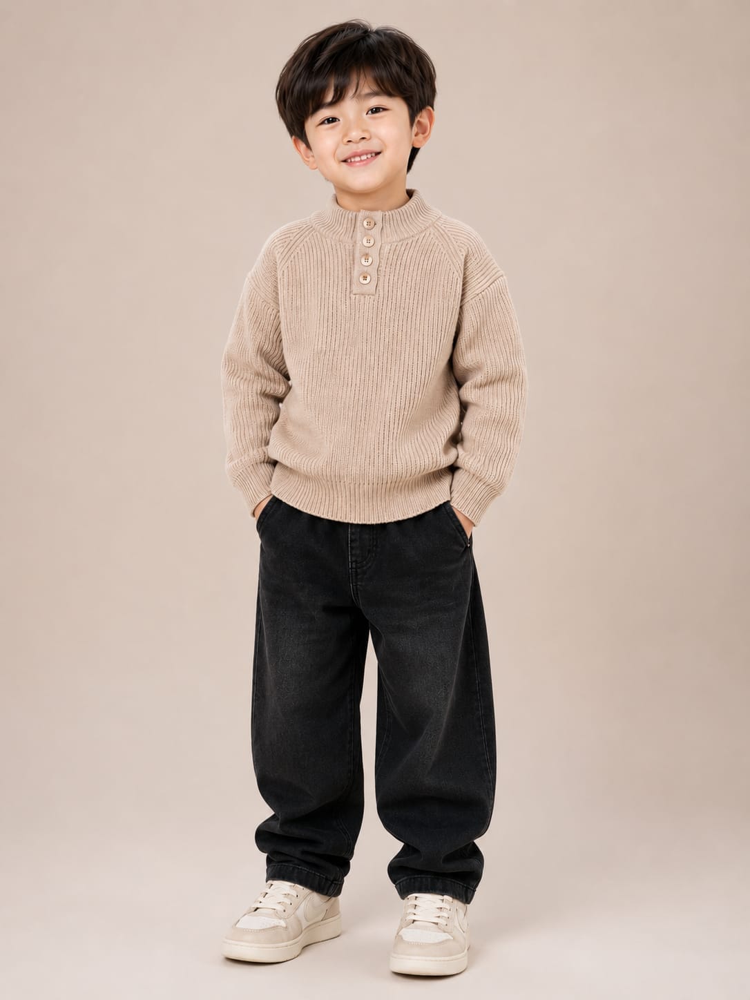 Boys' Beige Ribbed Knit Buttoned High-Neck Sweater.
