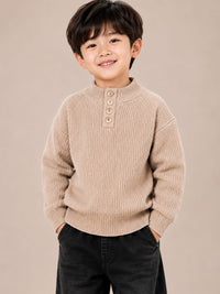 Boys' Beige Ribbed Knit Buttoned High-Neck Sweater.