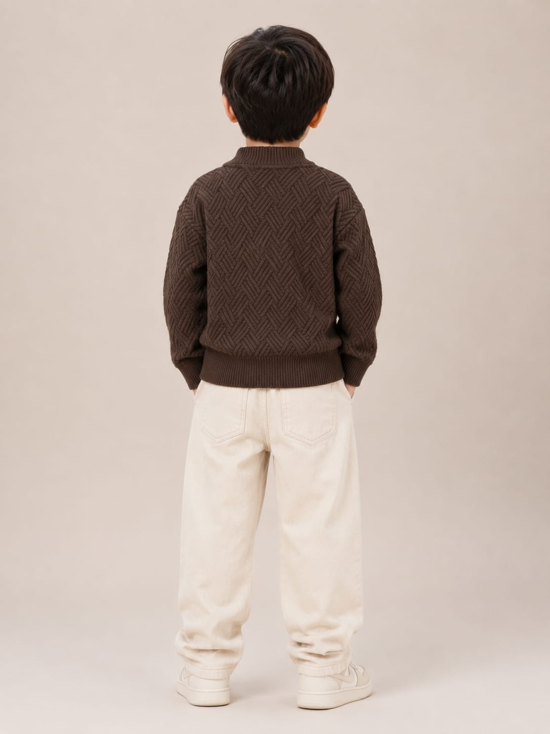Boys' Dark Brown Basketweave Knit Buttoned High-Neck Sweater.