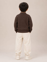 Boys' Dark Brown Basketweave Knit Buttoned High-Neck Sweater.