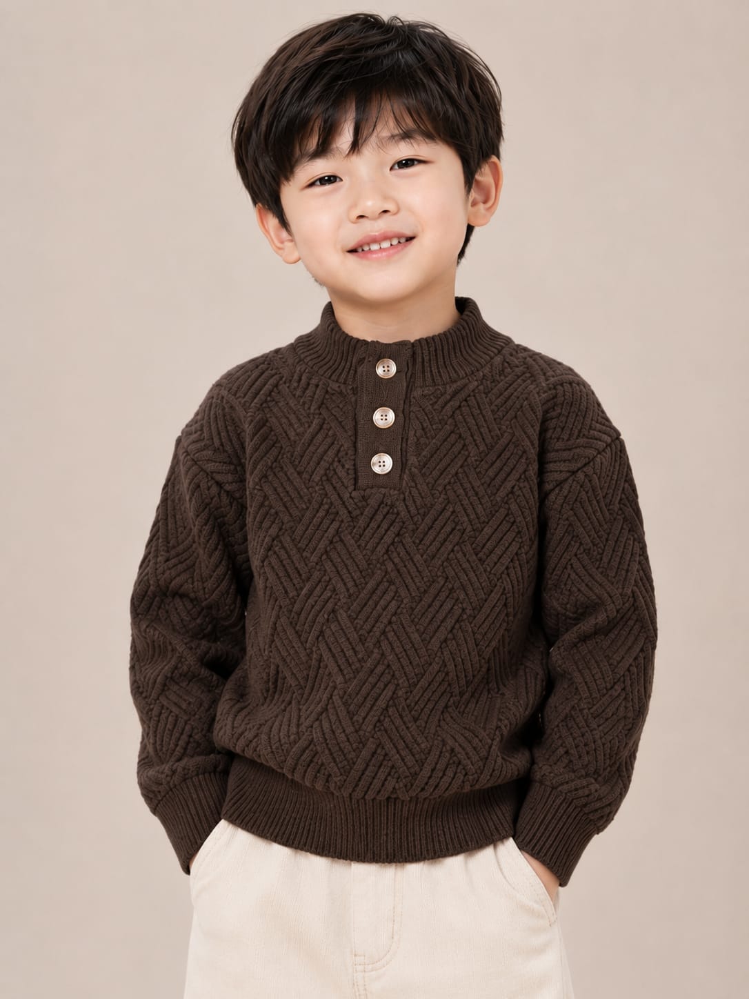 Boys' Dark Brown Basketweave Knit Buttoned High-Neck Sweater.