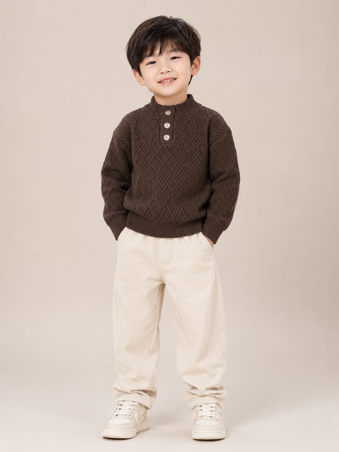 Boys' Dark Brown Basketweave Knit Buttoned High-Neck Sweater.