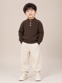 Boys' Dark Brown Basketweave Knit Buttoned High-Neck Sweater.