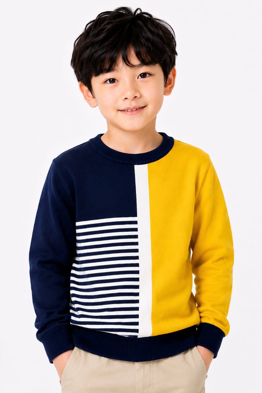 Boys' Navy, Mustard Yellow & Striped Colorblock Sweatshirt.