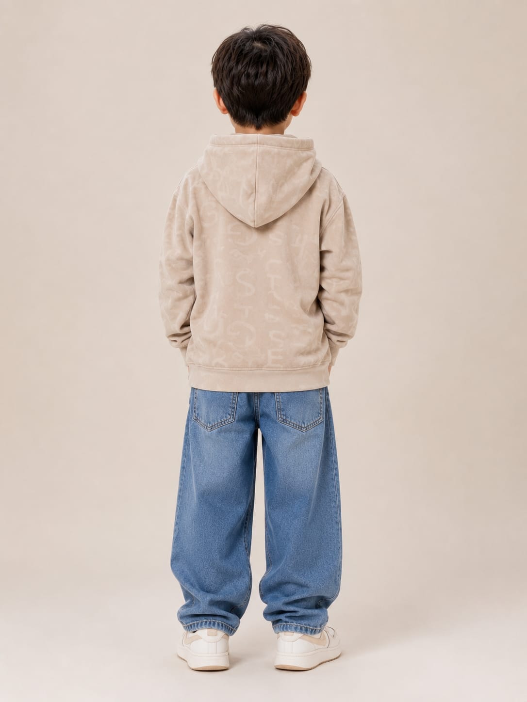Boys' Beige Embossed Lettering Velvet Pullover Hoodie.