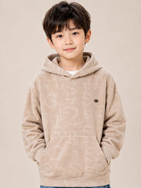 Boys' Beige Embossed Lettering Velvet Pullover Hoodie.