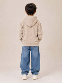 Boys' Beige Embossed Lettering Velvet Pullover Hoodie.