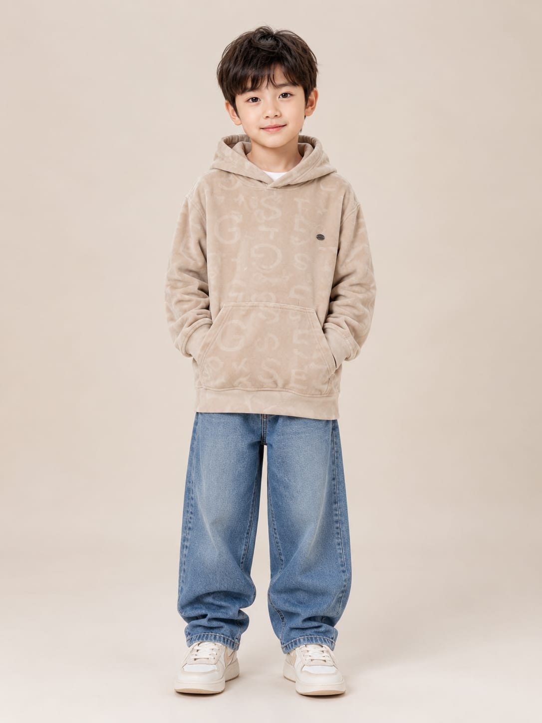 Boys' Beige Embossed Lettering Velvet Pullover Hoodie.