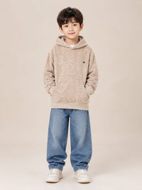 Boys' Beige Embossed Lettering Velvet Pullover Hoodie.