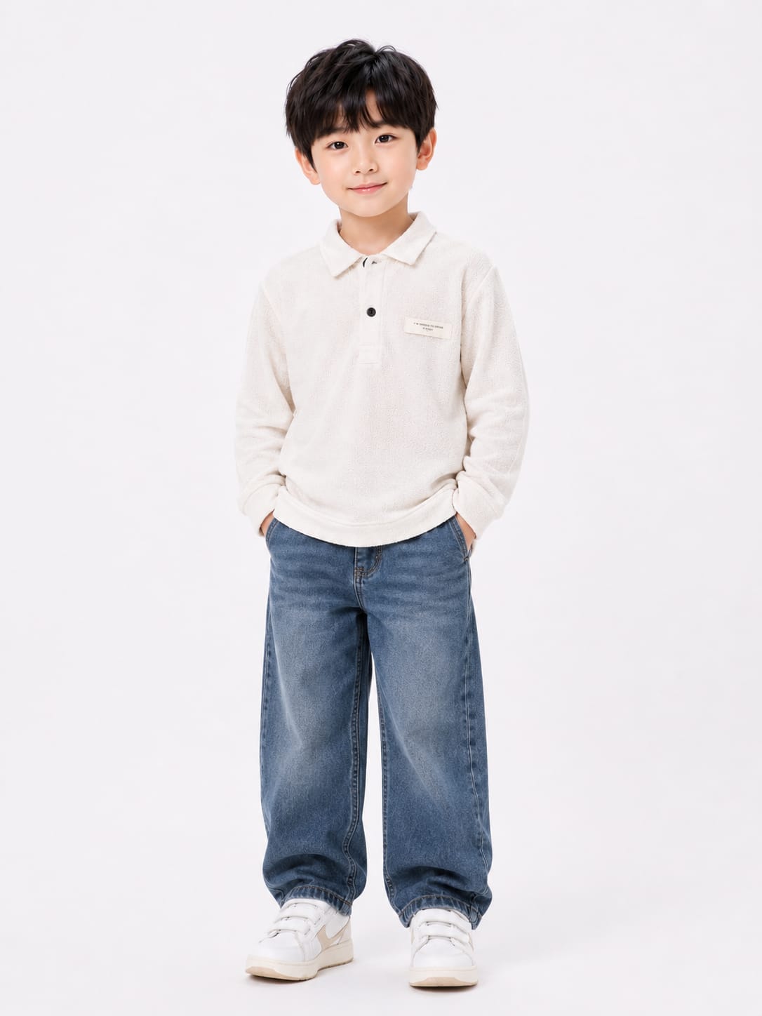 Boys' Off-White Textured Fleece Polo Pullover Sweatshirt