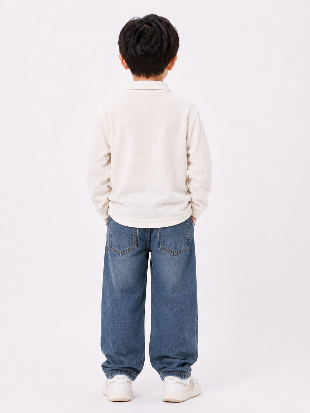 Boys' Off-White Textured Fleece Polo Pullover Sweatshirt