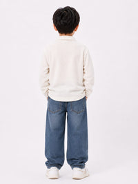 Boys' Off-White Textured Fleece Polo Pullover Sweatshirt