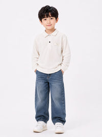 Boys' Off-White Textured Fleece Polo Pullover Sweatshirt