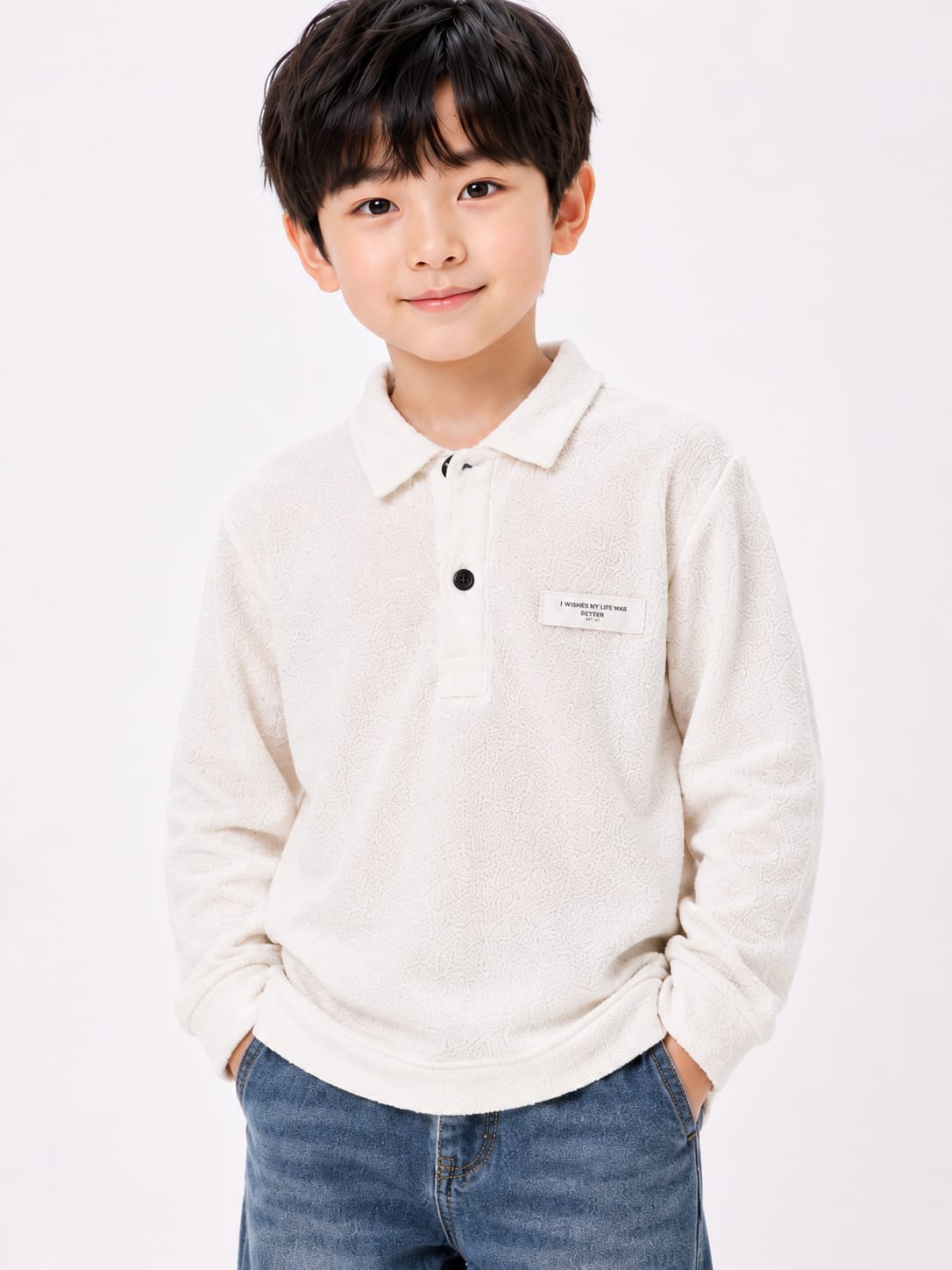 Boys' Off-White Textured Fleece Polo Pullover Sweatshirt