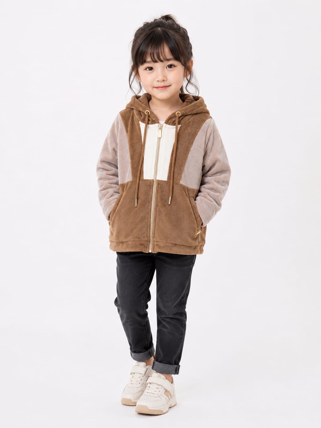 Girls' Brown & Taupe Textured Plush Zip-Up Fleece Jacket.