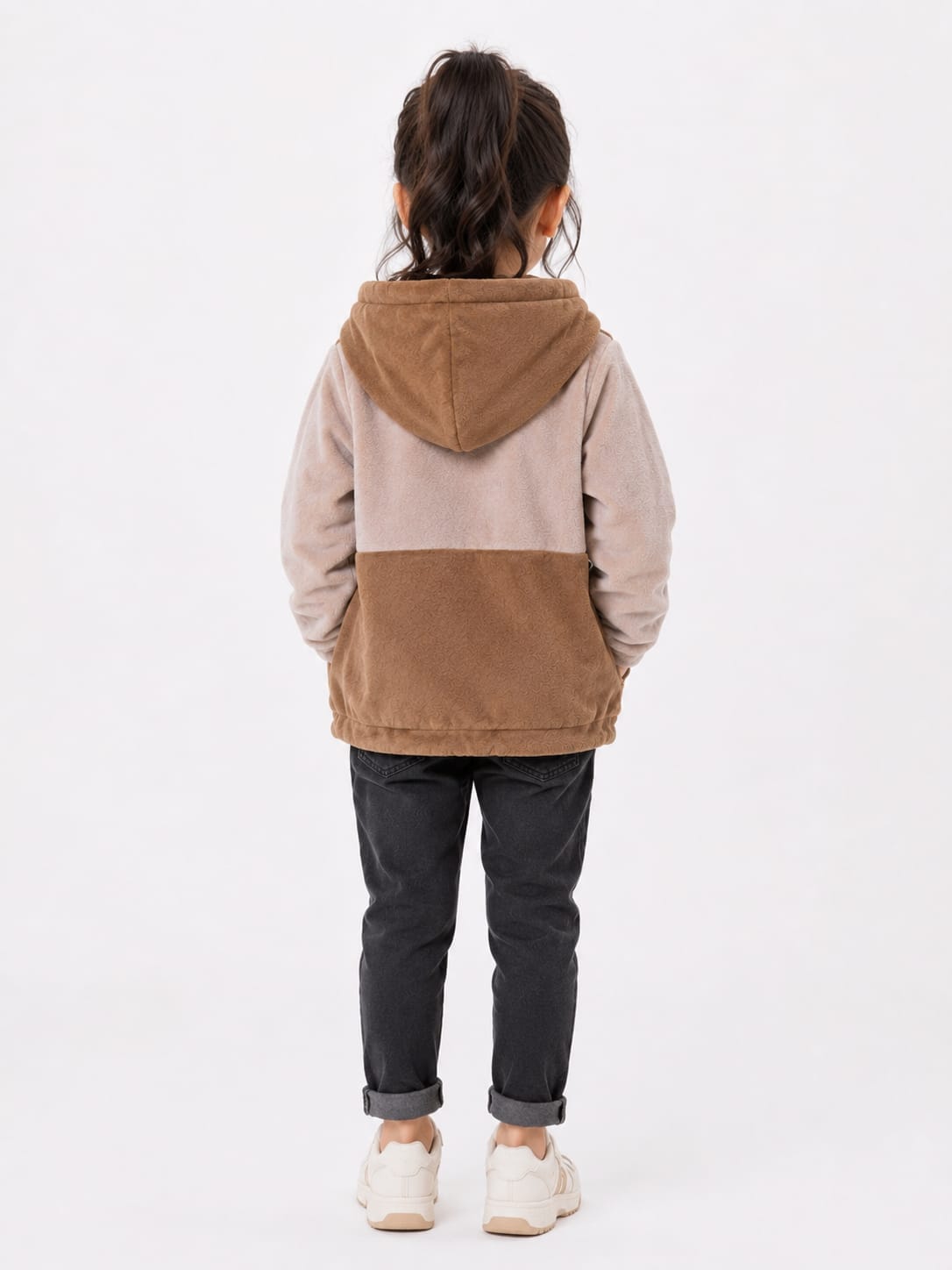 Girls' Brown & Taupe Textured Plush Zip-Up Fleece Jacket.