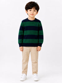 Boys' Green & Navy Striped Cotton Knit Pullover Sweater.