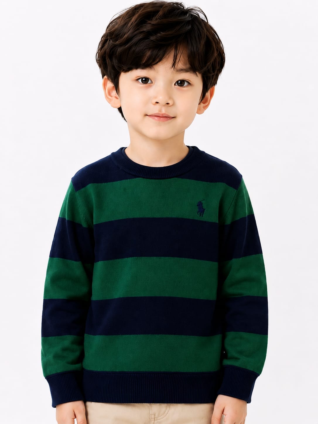 Boys' Green & Navy Striped Cotton Knit Pullover Sweater.