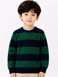 Boys' Green & Navy Striped Cotton Knit Pullover Sweater.