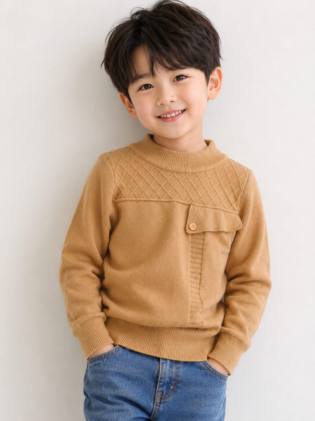 Boy's Textured Camel Knit Sweater.