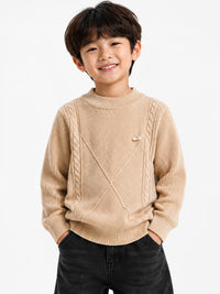 Boys' Beige Cable-Knit & Diamond Textured Pullover Sweater.