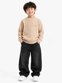 Boys' Beige Cable-Knit & Diamond Textured Pullover Sweater.