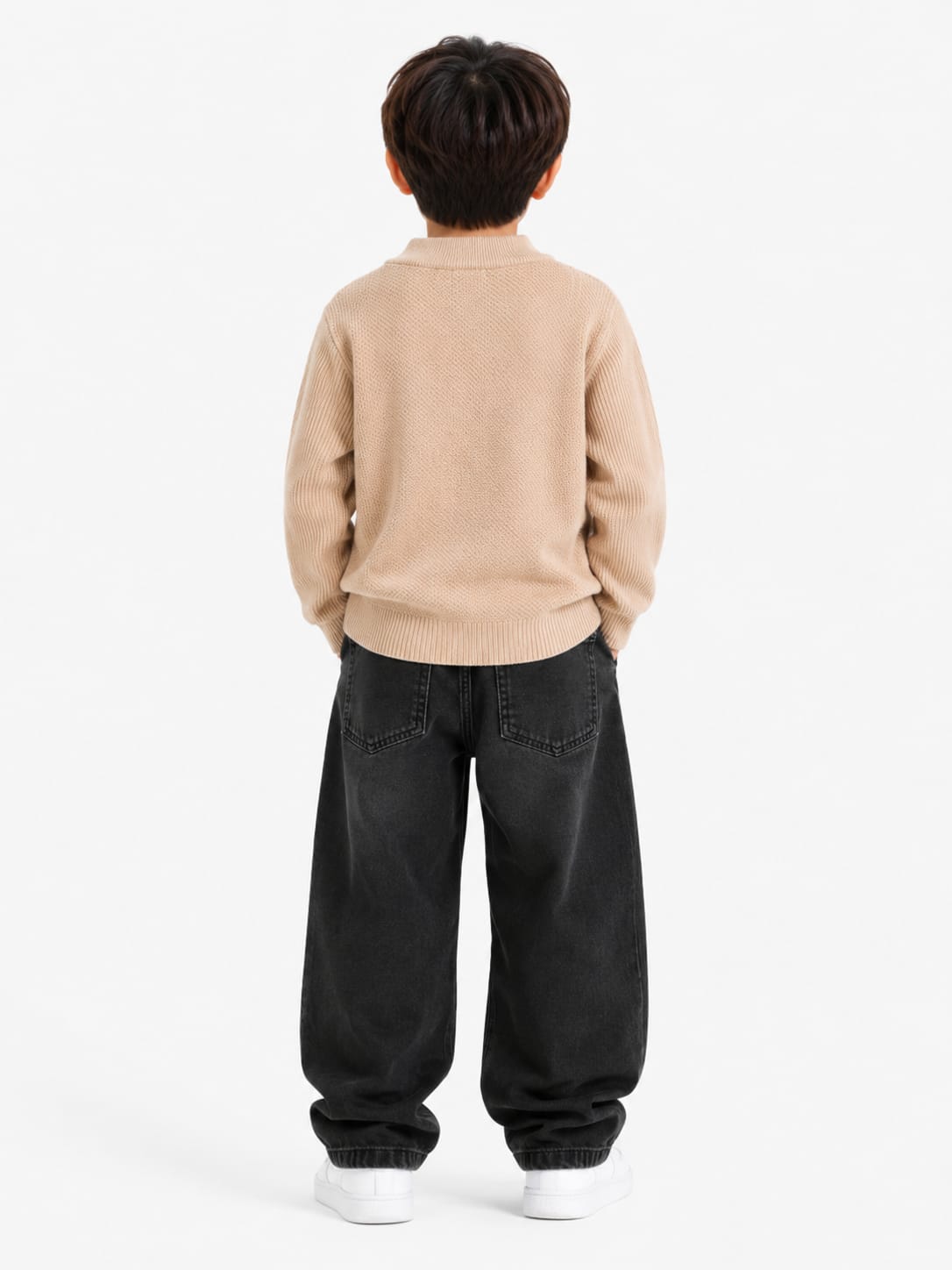Boys' Beige Cable-Knit & Diamond Textured Pullover Sweater.