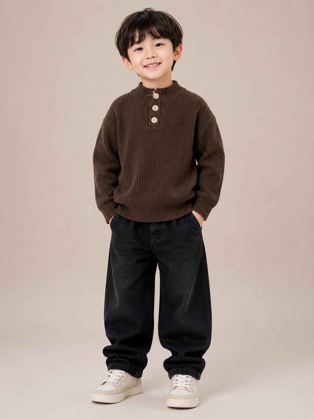 Boys' Dark Brown Ribbed Knit Buttoned High-Neck Sweater.