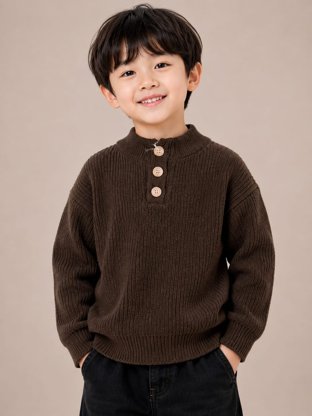 Boys' Dark Brown Ribbed Knit Buttoned High-Neck Sweater.