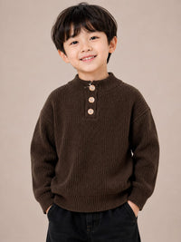 Boys' Dark Brown Ribbed Knit Buttoned High-Neck Sweater.