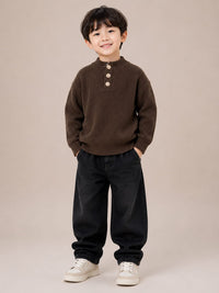 Boys' Dark Brown Ribbed Knit Buttoned High-Neck Sweater.