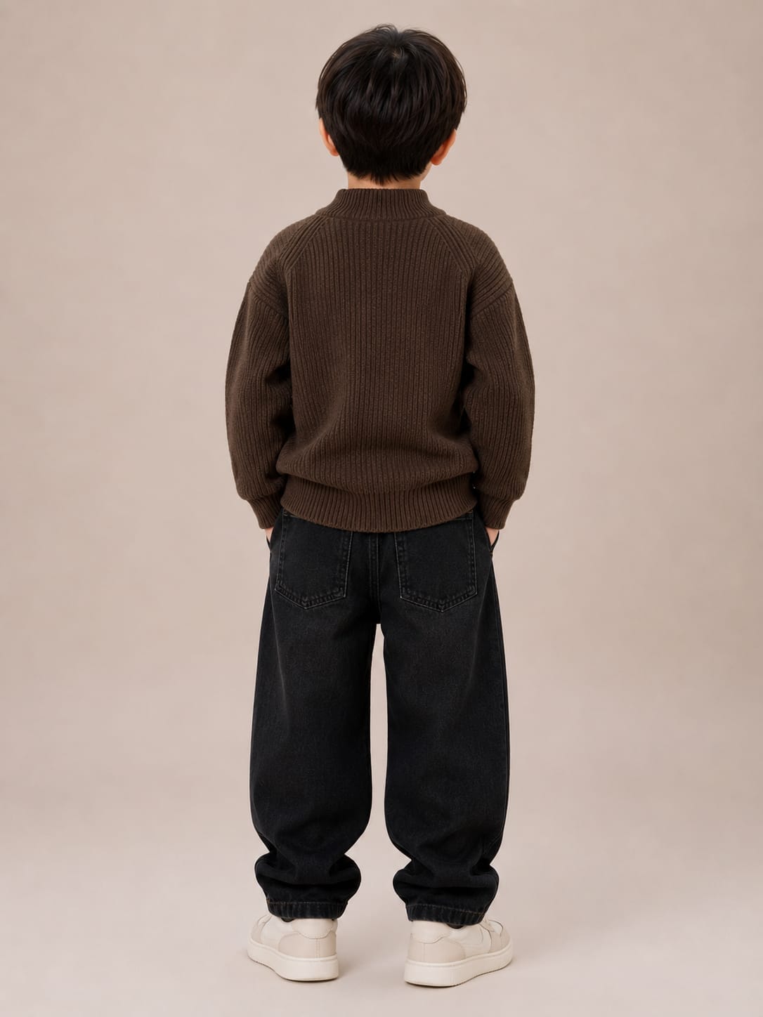 Boys' Dark Brown Ribbed Knit Buttoned High-Neck Sweater.