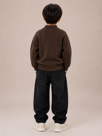 Boys' Dark Brown Ribbed Knit Buttoned High-Neck Sweater.