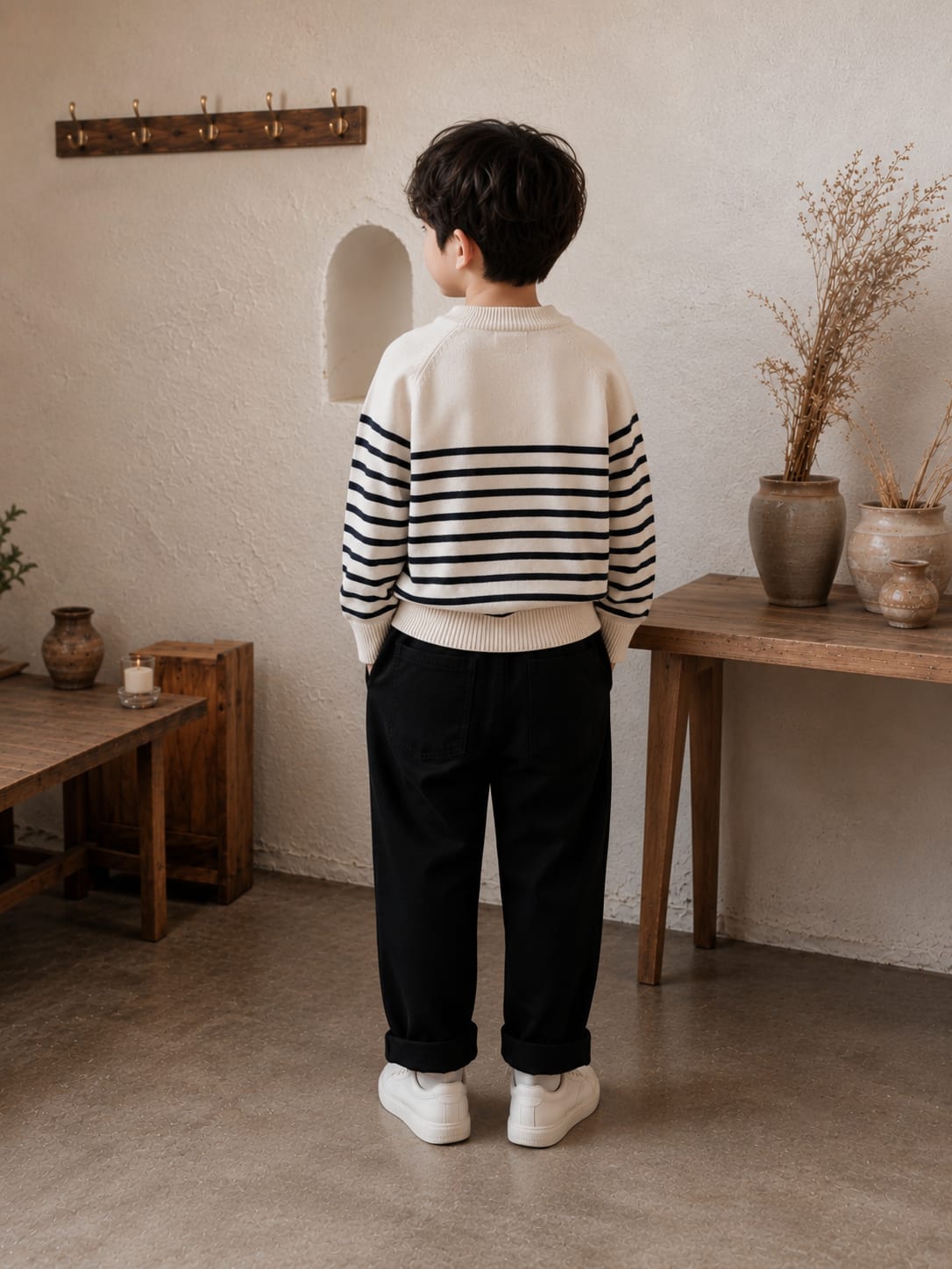 Boys' Cream & Black Striped Buttoned Henley Knit Sweater.