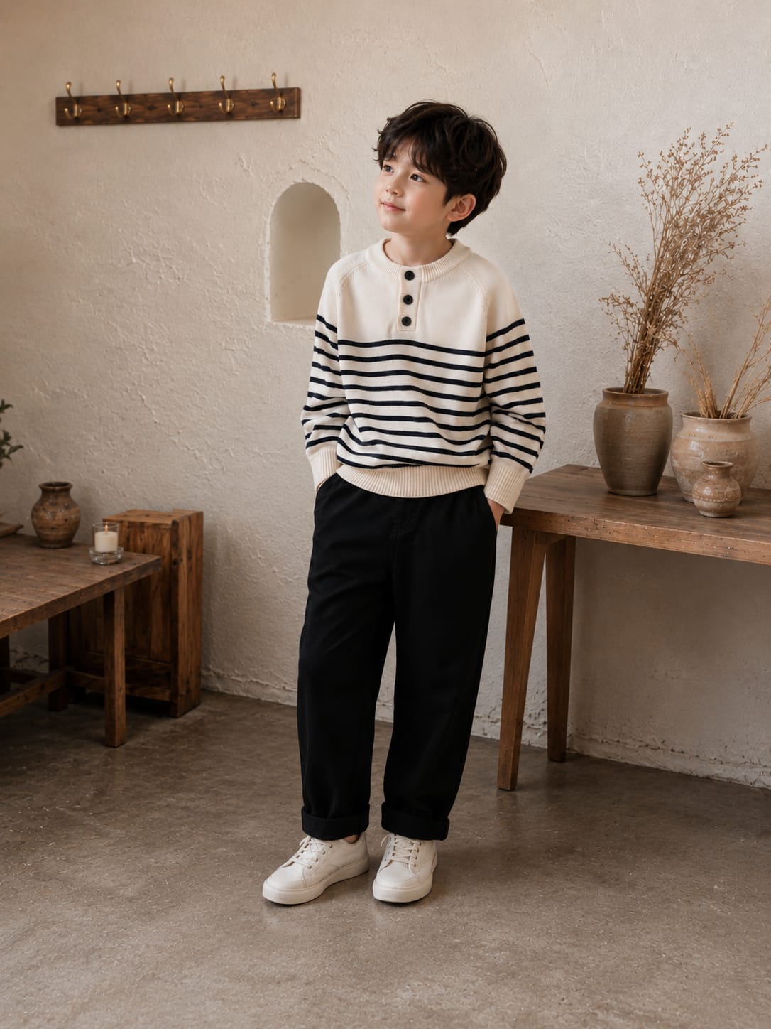 Boys' Cream & Black Striped Buttoned Henley Knit Sweater.