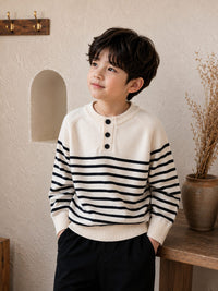 Boys' Cream & Black Striped Buttoned Henley Knit Sweater.