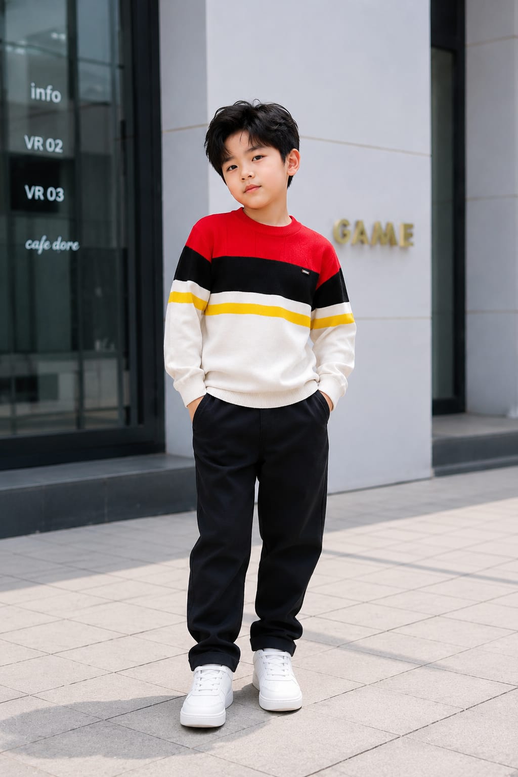 Boys' Red, Black & Off-White Colorblock Striped Knit Sweater.