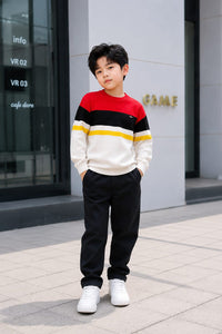 Boys' Red, Black & Off-White Colorblock Striped Knit Sweater.