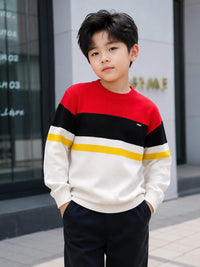 Boys' Red, Black & Off-White Colorblock Striped Knit Sweater.