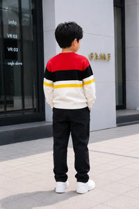 Boys' Red, Black & Off-White Colorblock Striped Knit Sweater.