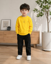 Boys' Bright Yellow Textured Grid Knit Pullover Sweater.