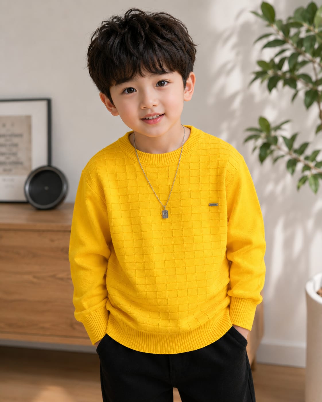 Boys' Bright Yellow Textured Grid Knit Pullover Sweater.