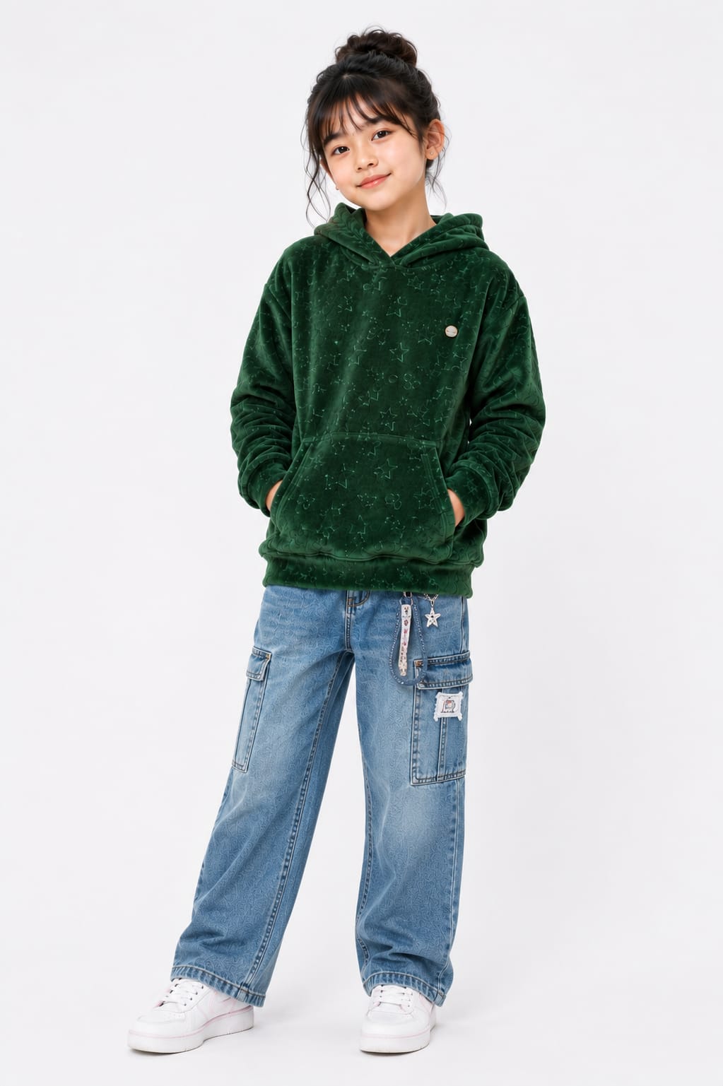 Girls' Dark Green Embossed Star Velvet Pullover Hoodie.