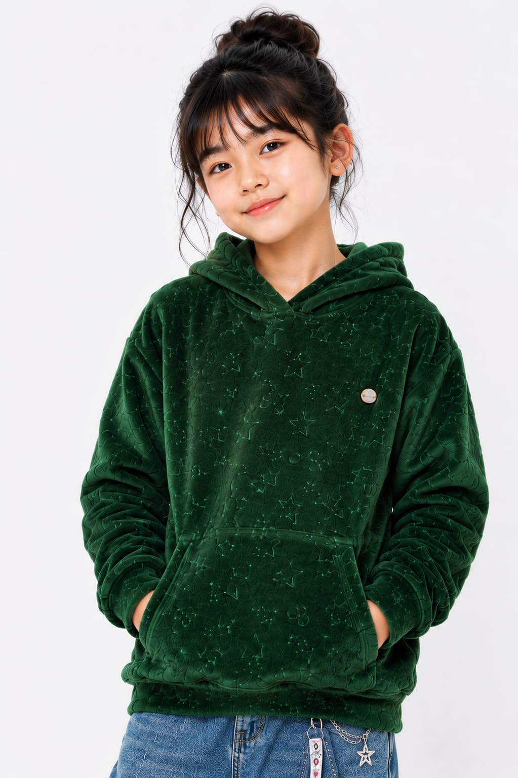 Girls' Dark Green Embossed Star Velvet Pullover Hoodie.