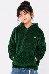 Girls' Dark Green Embossed Star Velvet Pullover Hoodie.