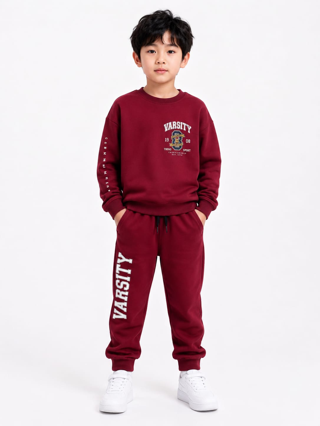 Boys' Maroon Varsity Printed Sweatshirt & Jogger Set.