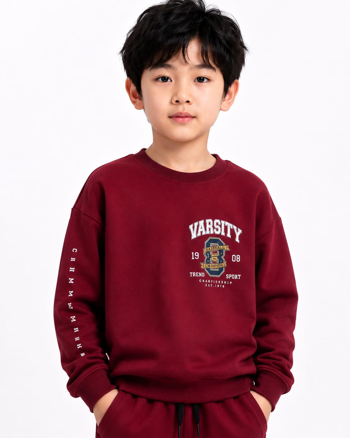Boys' Maroon Varsity Printed Sweatshirt & Jogger Set.