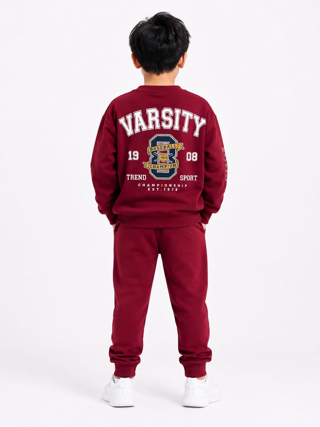 Boys' Maroon Varsity Printed Sweatshirt & Jogger Set.